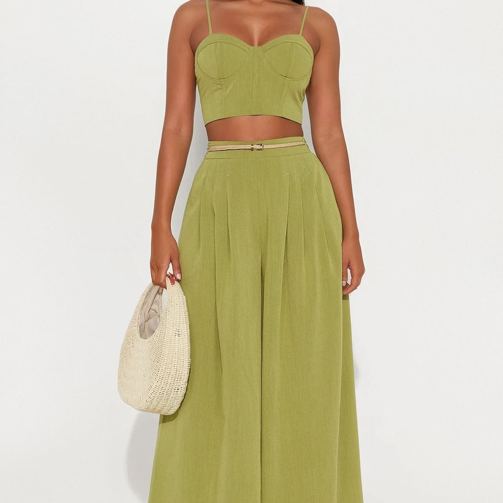 Linen Wide Leg Pant Suit - Olive
